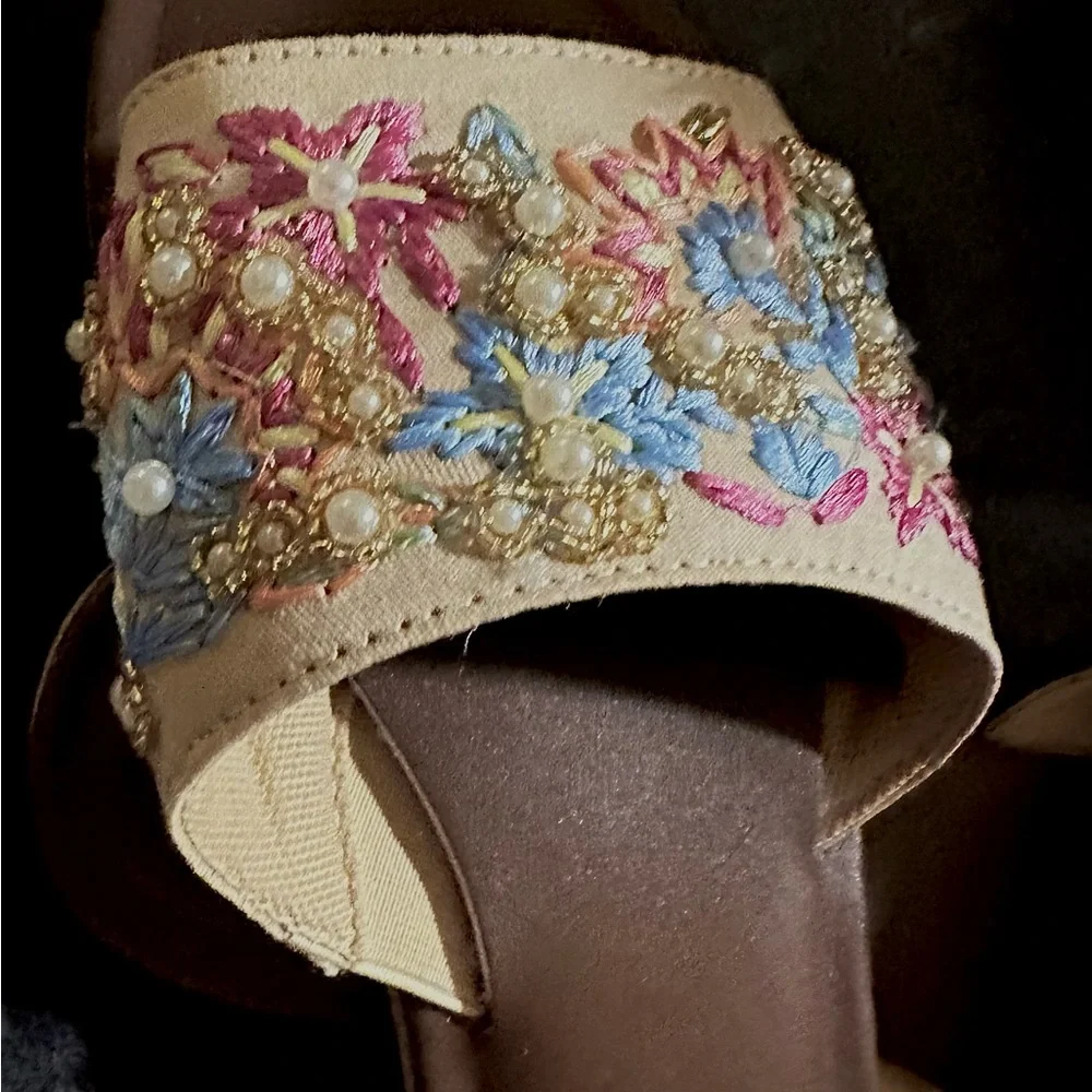 Haute Hippie Floral Embroidered Sandals - Blue and Pink on Beige - Picture 6 of 10